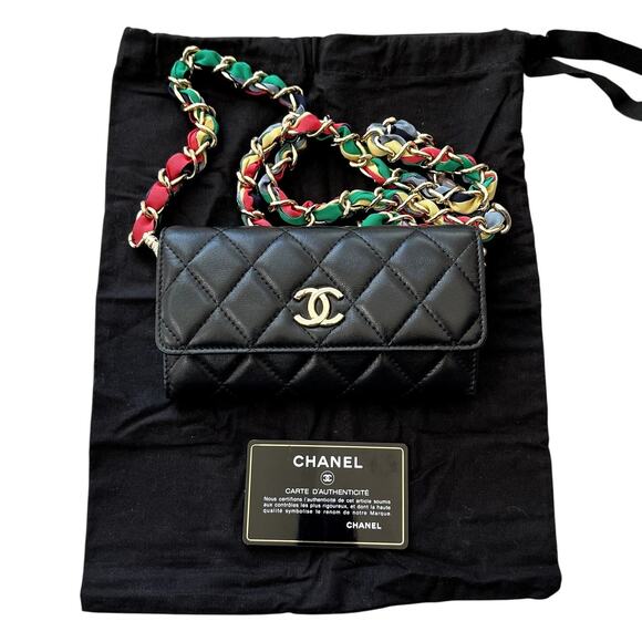 Chanel Quilted Lambskin Black Long Clutch Flap Bag with Multicolor Ribbon Chain - Picture 1 of 15